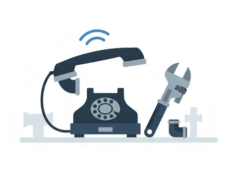 Illustration: a desk phone ringing on a plumber's workbench next to a pipe wrench and a copper elbow fitting